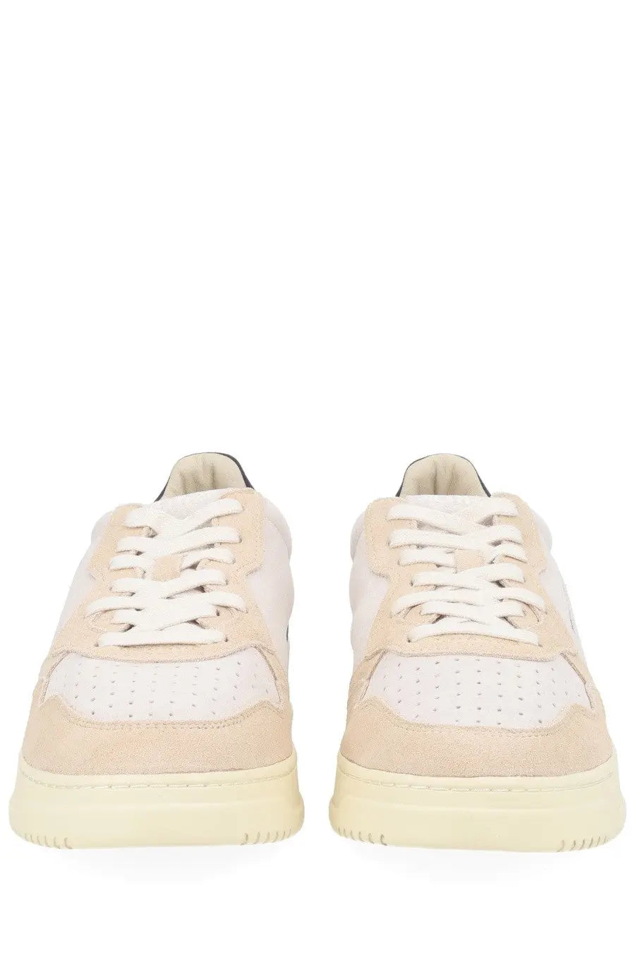 Beige and white autry men’s medalist low sneakers with perforated leather panels suede overlays and chunky rubber soles
