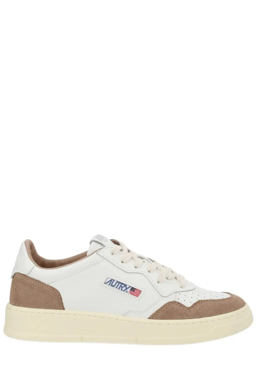 Autry men’s medalist low sneaker in white and beige suede and leather with subtle logo patch on the side