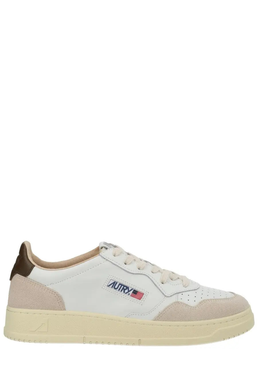 Autry men’s Medalist low sneaker in white and beige suede with brown heel tab and embroidered aurr logo patch