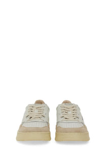 Autry men’s medalist low sneaker in cream-colored suede and leather with chunky rubber sole