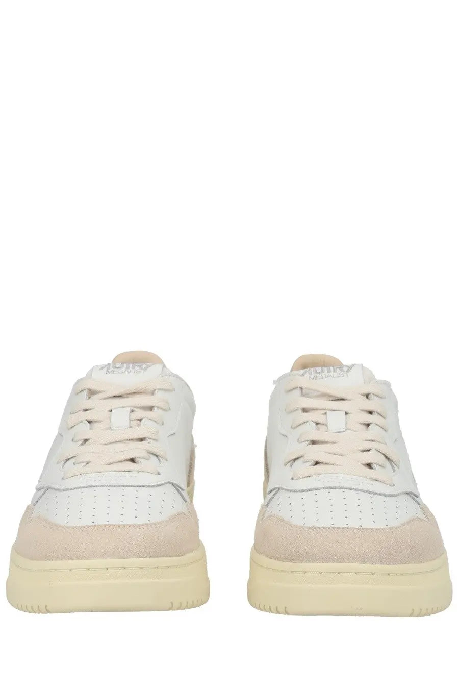 Autry men’s Medalist low sneaker white cream low-top with white perforated leather and beige suede accents chunky sole