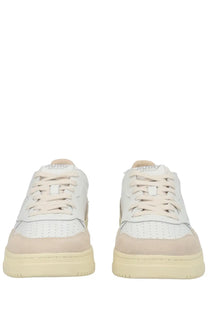 Autry men’s Medalist low sneaker white cream low-top with white perforated leather and beige suede accents chunky sole