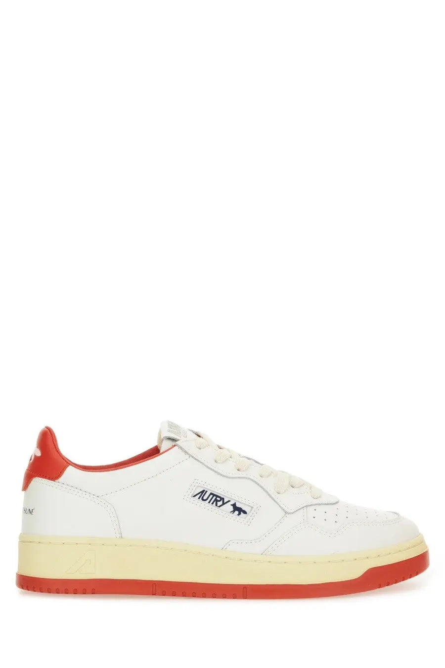 Autry men’s medalist low sneaker white leather with red accents and black autry logo patch on tongue and heel