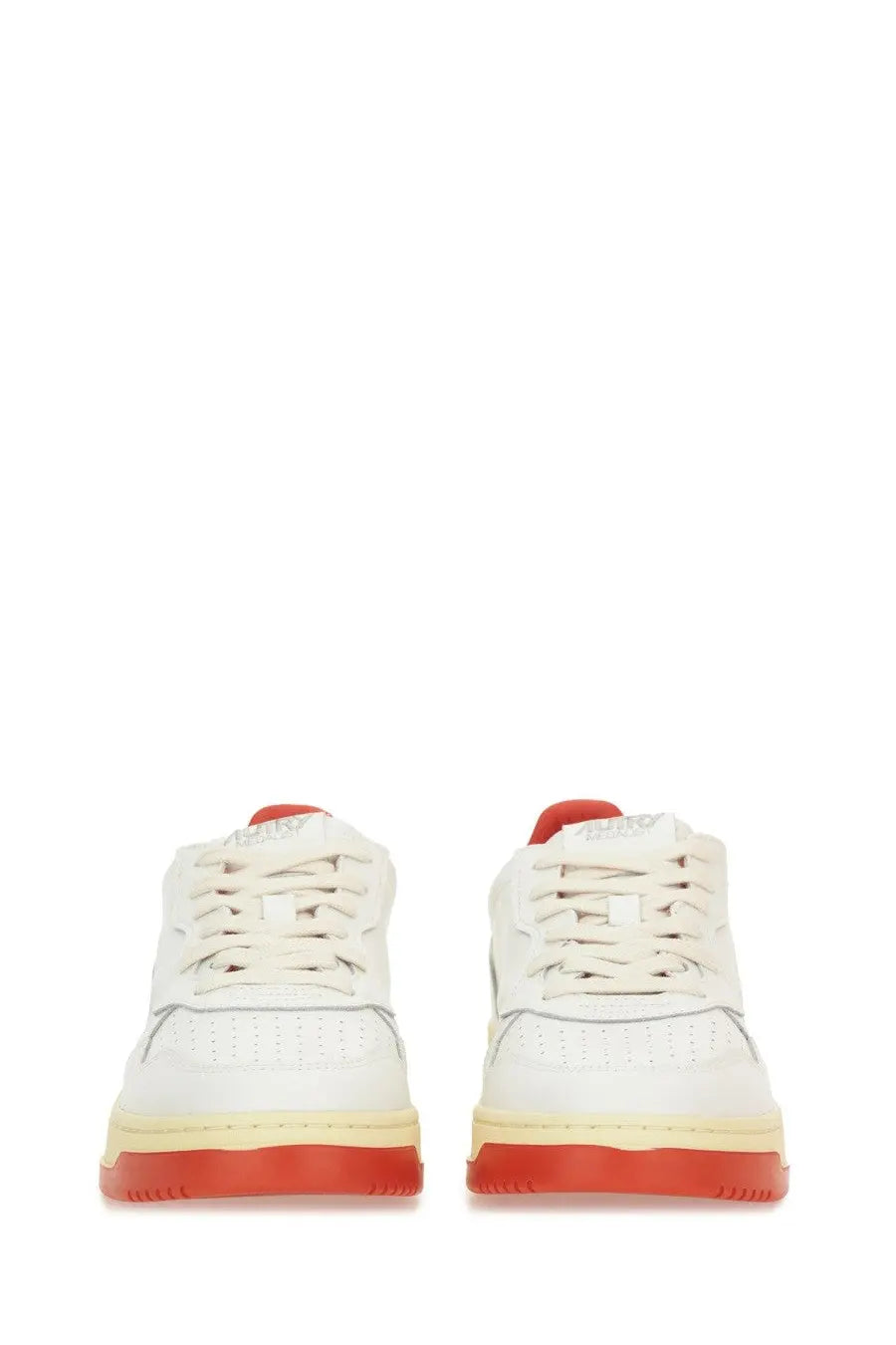 Autry men’s medalist low sneaker white leather with red accents on heel tab and sole shown from the back side