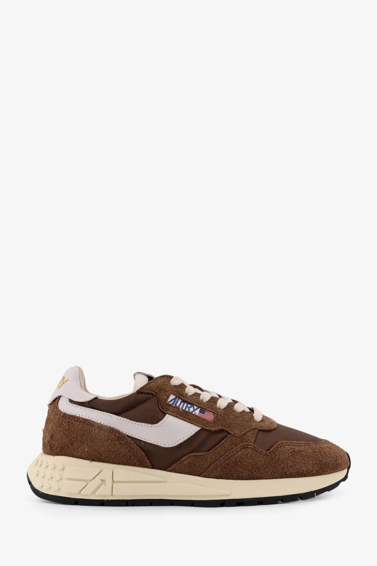 Autry men’s reelwind low suede sneaker in brown suede and beige canvas with white logo patch on the side