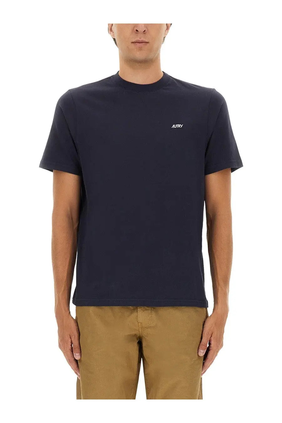 Autry men’s navy blue short-sleeved crew neck shirt with small white embroidered logo on left chest
