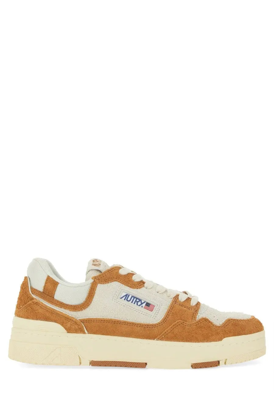 Autry men’s sneaker clc orange tan and cream suede low-top sneaker with white rubber sole and autry logo patch on the side