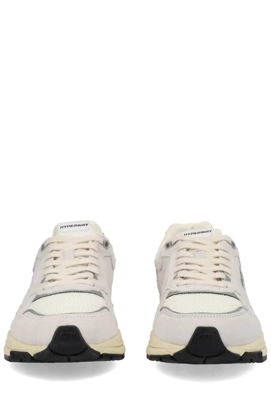 Autry men’s sneaker hyperway cream-colored hyperdry with suede mesh upper black rubber soles and gray accents