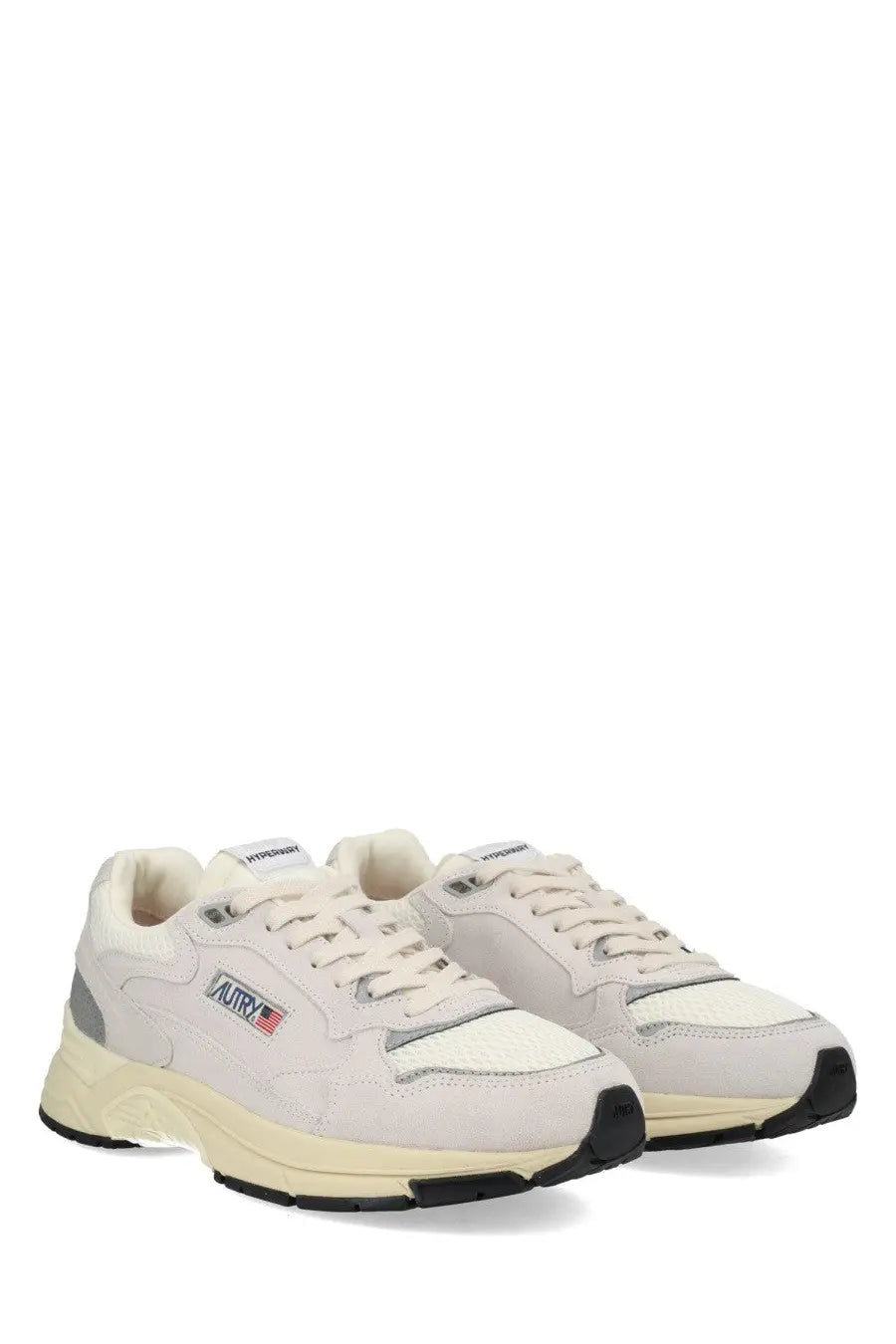 Autry men’s sneaker hyperway cream-colored suede and mesh with gray accents and black rubber soles featuring vurry logo