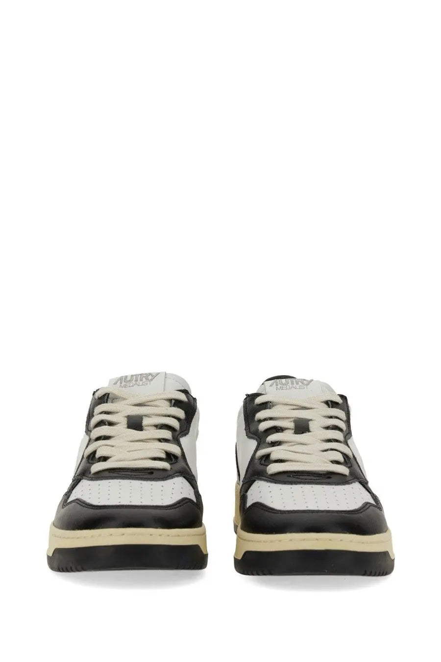 Autry men’s sneaker medalist low black and white low-top with perforated leather panels cream laces beige sole