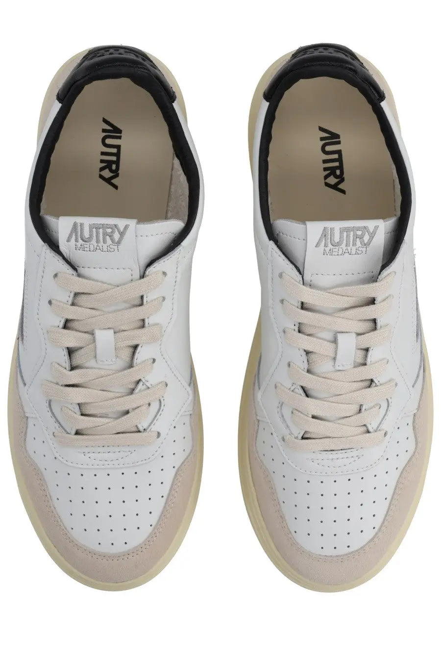 Autry men’s sneaker medalist low white and beige perforated leather sneakers with black accents and autry medalist branding