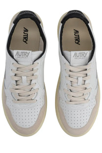 Autry men’s sneaker medalist low white and beige perforated leather sneakers with black accents and autry medalist branding