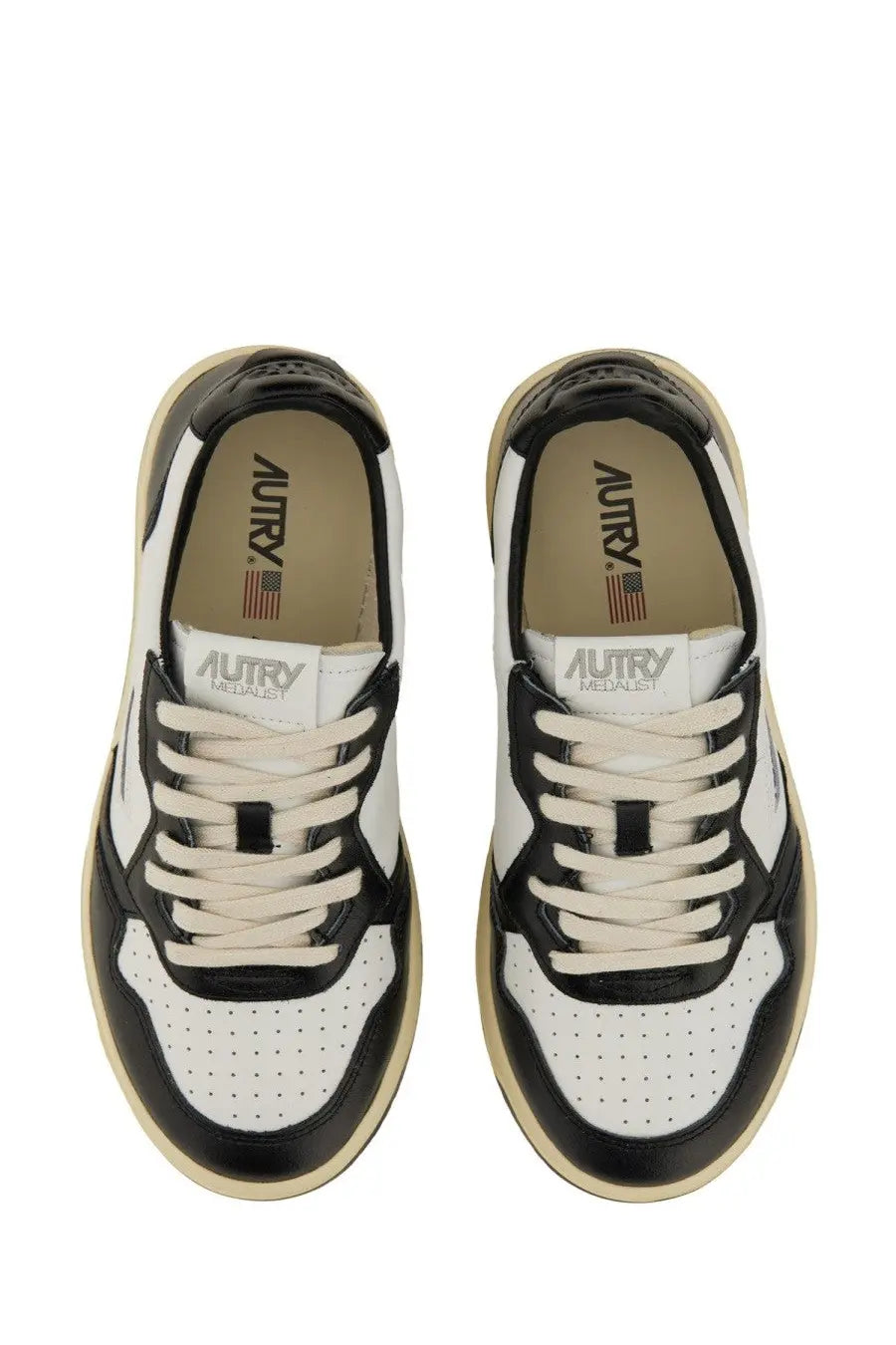Autry men’s sneaker Medalist low multicolor white and black perforated leather with cream laces and beige sole