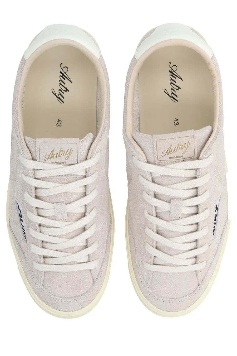 Autry men’s sneaker Windscape low grey light gray suede with white laces cream rubber sole and Aurby insole branding