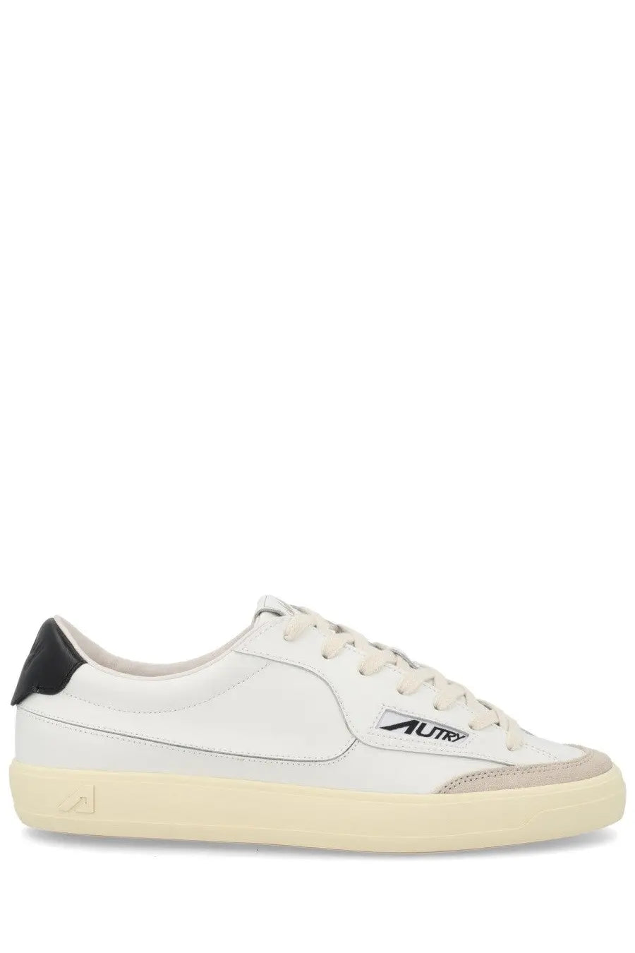 Autry men’s sneaker windscape low white leather low-top with black heel tab cream rubber sole and subtle logo on side