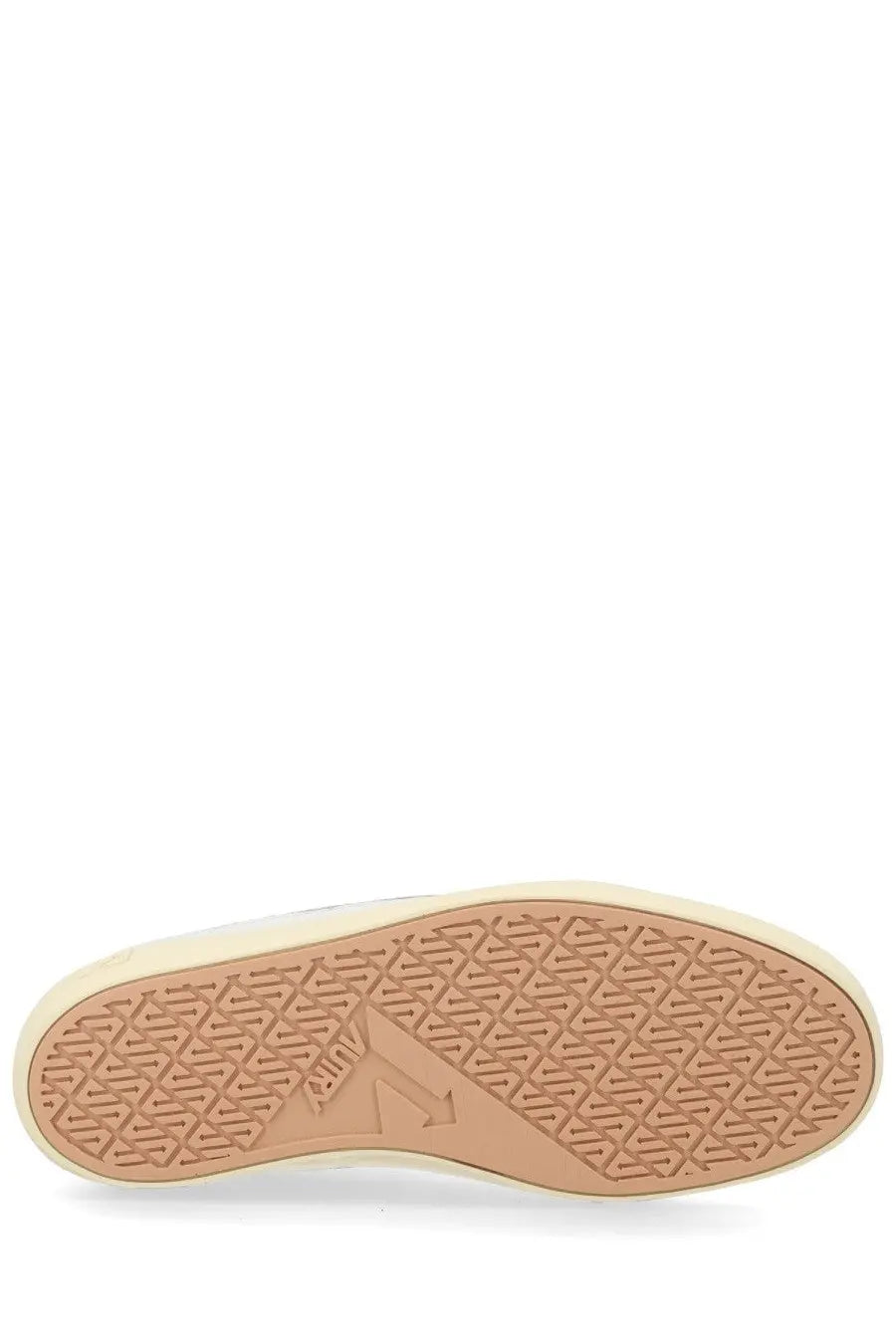 Tan rubber sole with geometric tread pattern and embossed autry logo on men’s sneaker windscape low white product