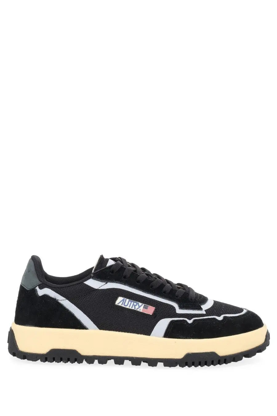 Autry men’s wildpace low sneaker in black suede and mesh with white accents cream rubber sole and american flag logo patch