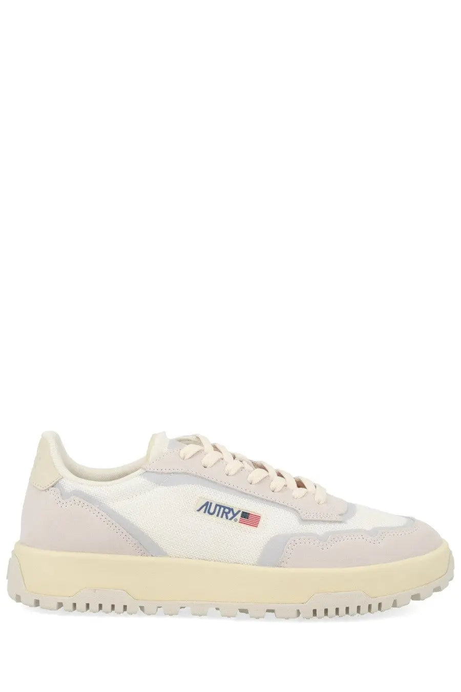 Autry men’s wildpace low sneaker in cream with white and gray suede panels and blue embroidered logo near the toe