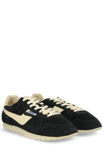 Autry men’s windspin black suede sneakers with cream laces midsole heel tab and white swoosh logo on the side