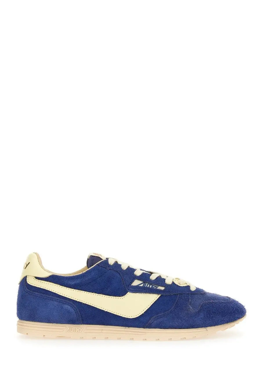 Autry men’s windspin blue suede sneaker with cream accents and laces in a classic retro design