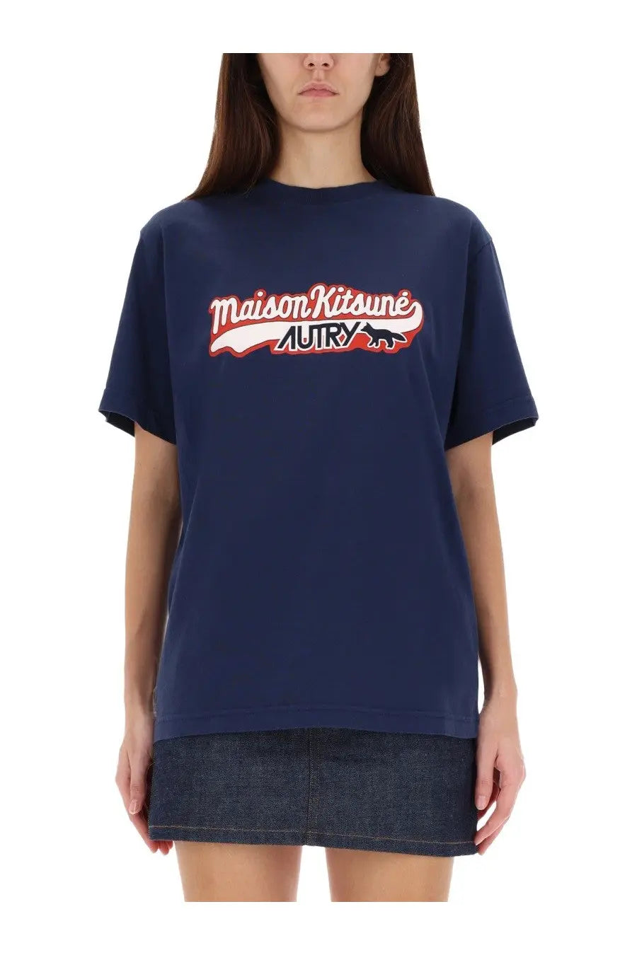 Navy blue unisex autry maison kitsuné graphic tee with red and white lettering and black fox silhouette