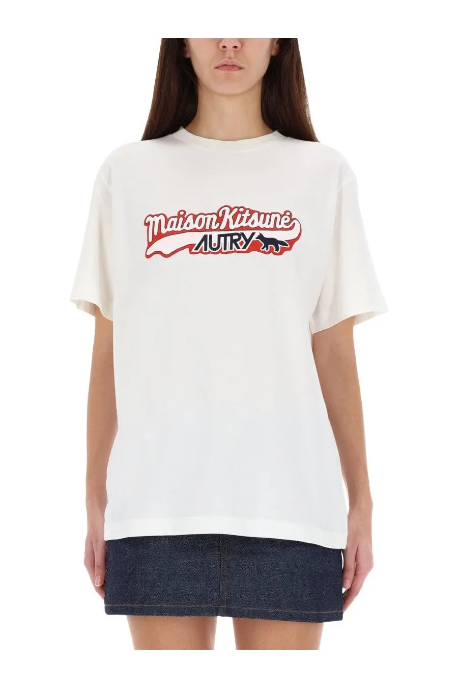 White maison kitsuné autry unisex t-shirt with red and black graphic logo print on cotton material