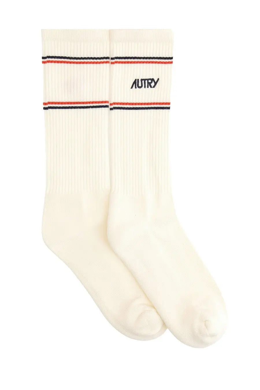 Cream-colored ribbed autry unisex socks with black and rust-red striped cuffs and embroidered logo