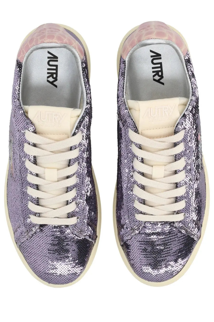 Autry women’s Dallas low sparkling sneaker purple with purple sequins pink crocodile heel tab and cream laces back side view
