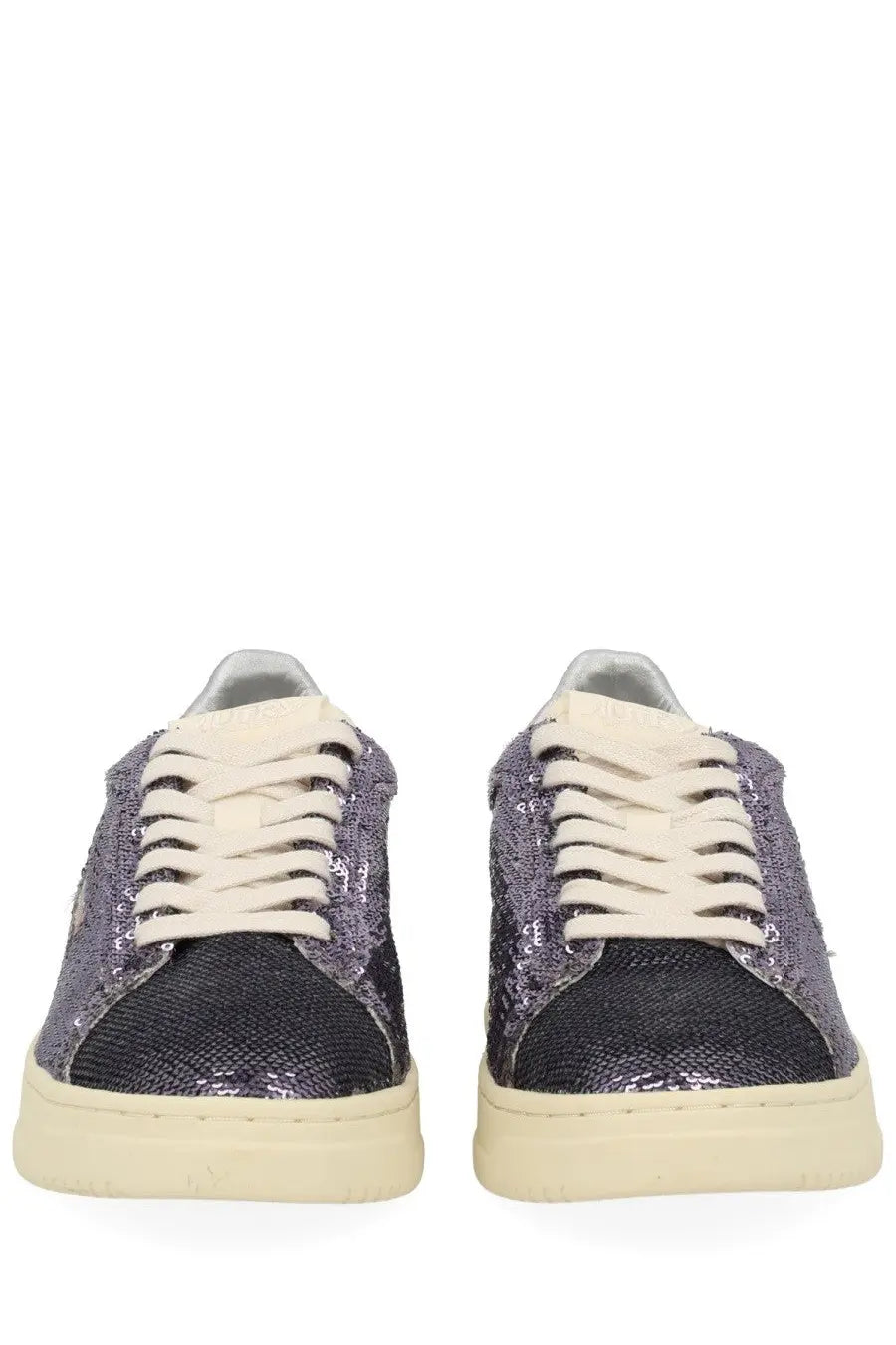 Autry women’s dallas low sparkling sneaker purple with purple sequins black textured toe cap and cream laces