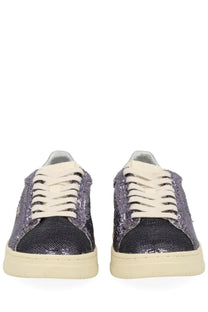 Autry women’s dallas low sparkling sneaker purple with purple sequins black textured toe cap and cream laces