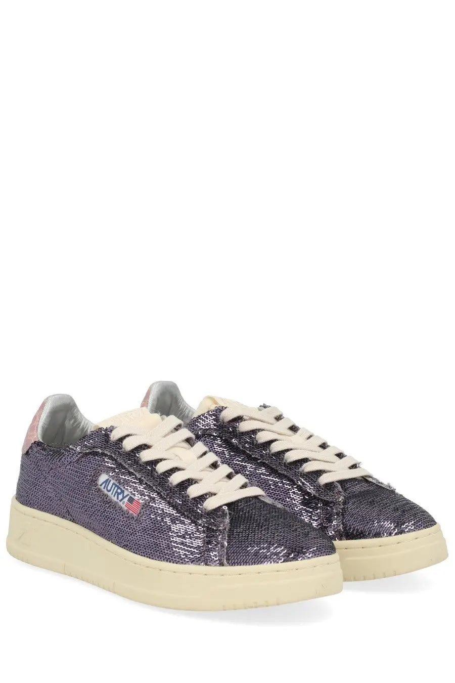 Autry women’s dallas low sparkling sneaker purple with purple sequins cream laces and matching rubber sole