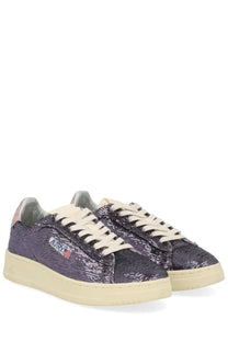 Autry women’s dallas low sparkling sneaker purple with purple sequins cream laces and matching rubber sole
