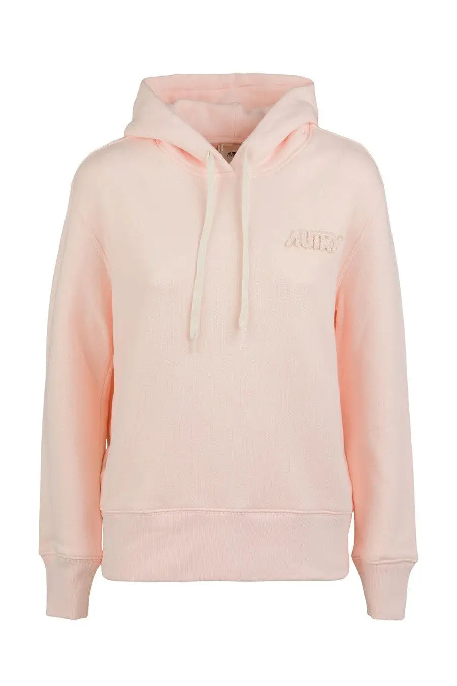 Autry women’s soft pink cozy hooded sweatshirt with subtle embroidered logo and matching drawstrings