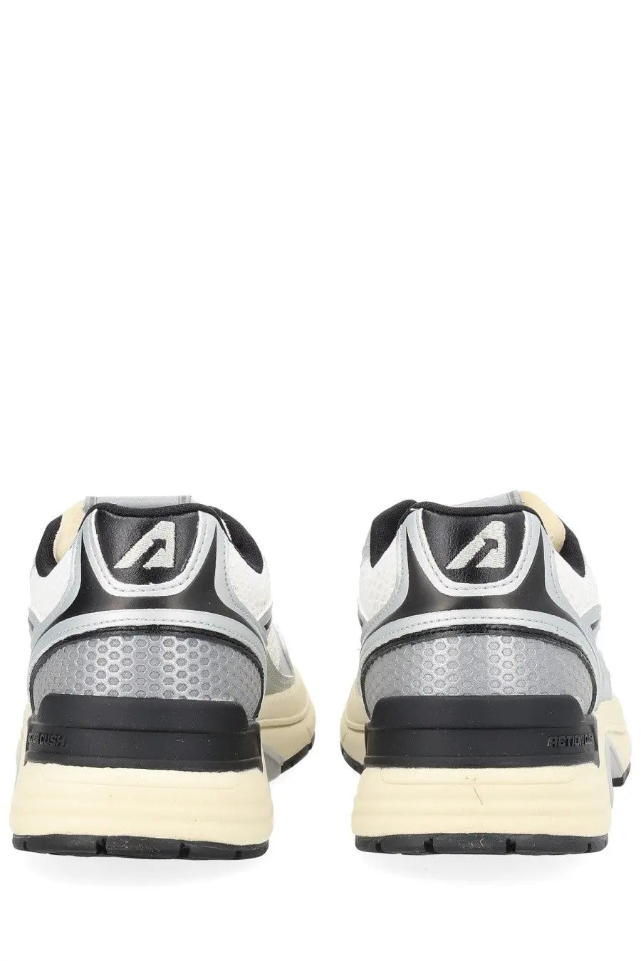 Autry women’s Hyperway sneaker multicolor featuring silver and black textured mesh with white accents and cream sole