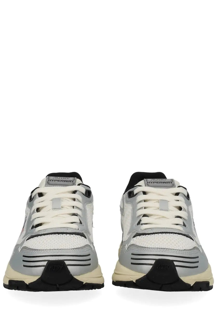 Autry women’s Hyperway sneaker in silver and black with white laces featuring mesh upper and rubber sole