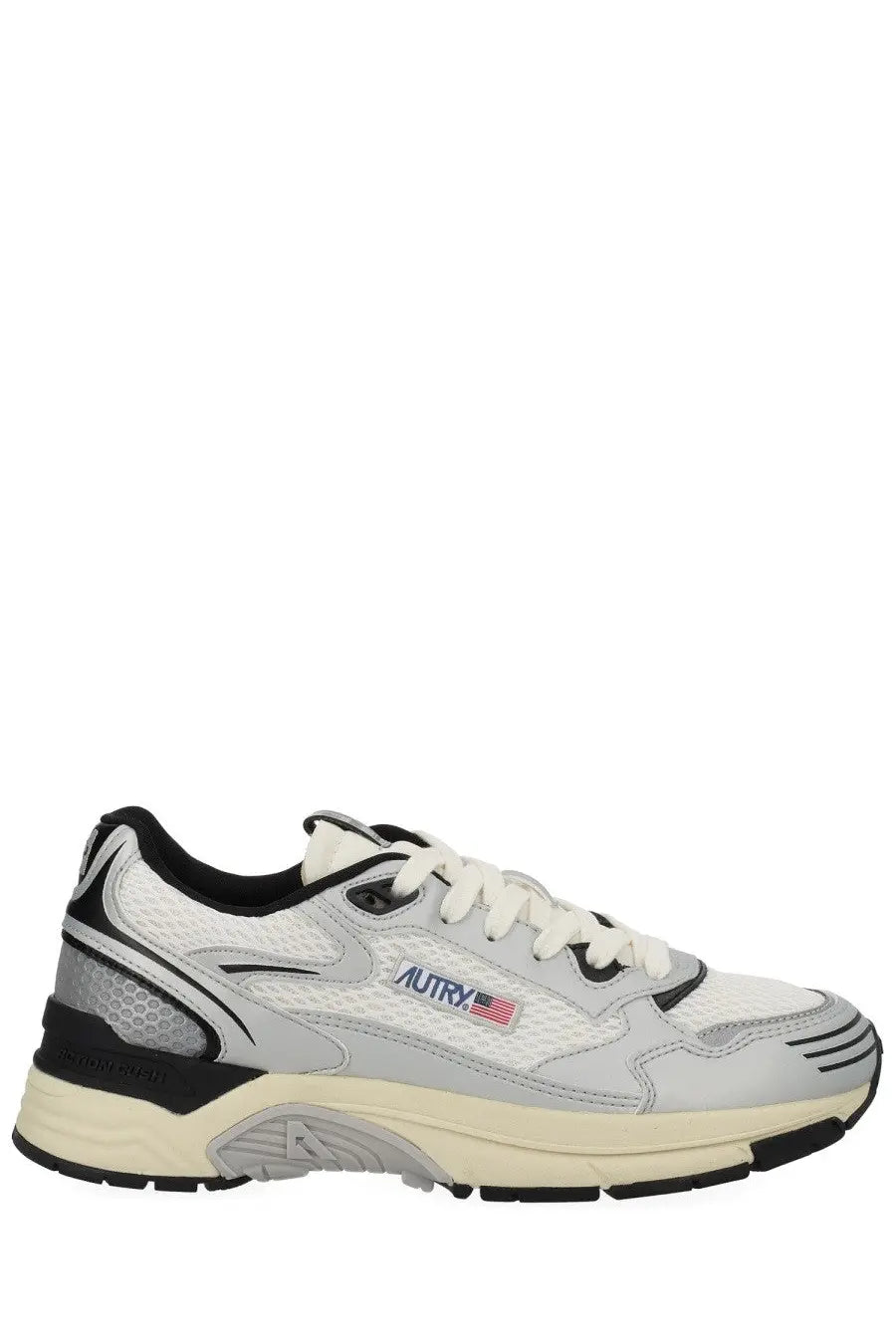 Autry women’s hyperway sneaker in white and gray with black accents mesh upper and chunky sole