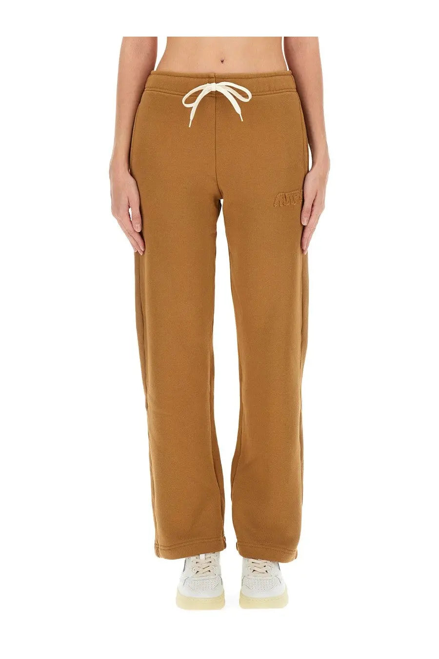 Autry women’s jogger pants brown tan cotton sweatpants with white drawstring waistband and embroidered logo on left thigh