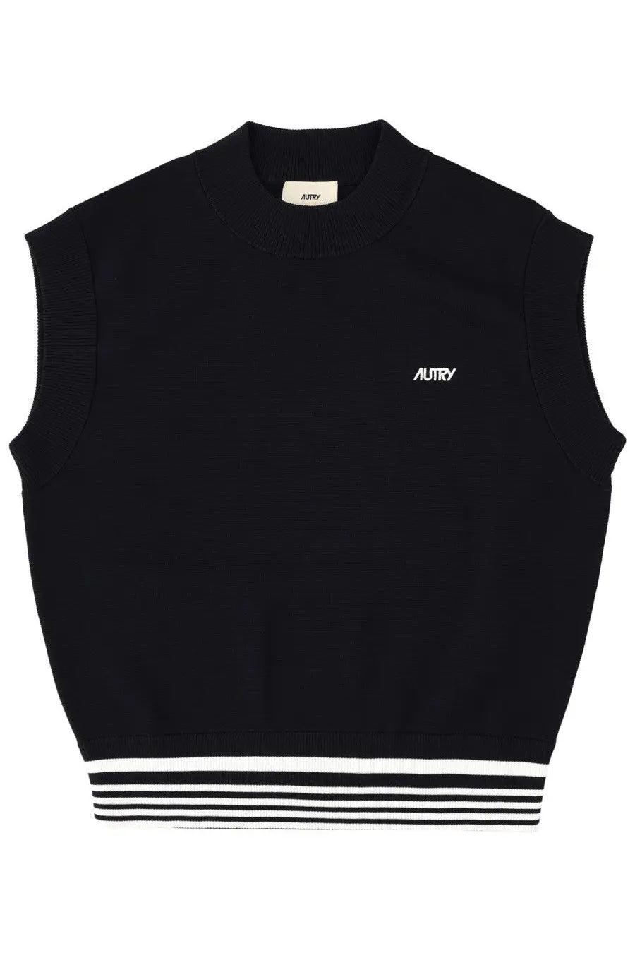 Black knit sleeveless vest with white embroidered logo and striped hem from autry womens knitted tops blue collection