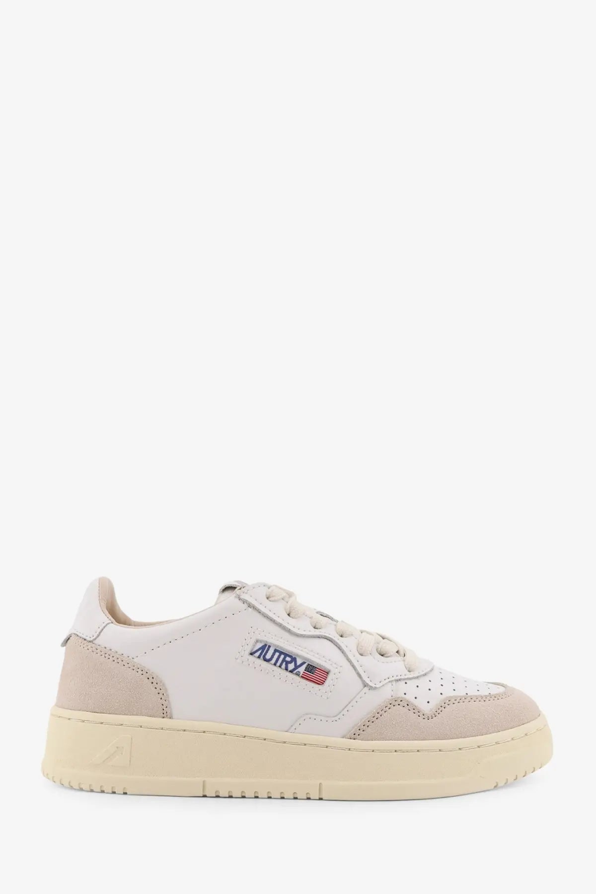 Autry women’s medalist low leather sneakers in white and beige suede with a subtle autry logo patch on the side