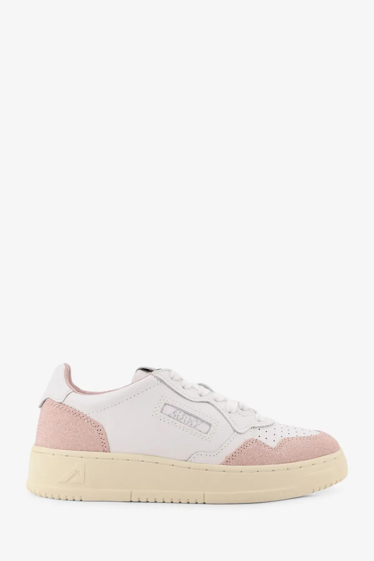 Autry women’s Medalist low leather sneaker in white and blush pink suede with cream rubber sole