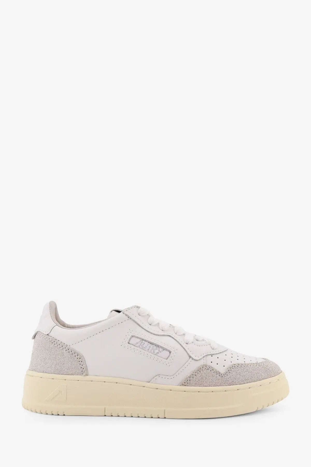 Autry women’s medalist low leather sneaker in white and gray suede with cream rubber sole
