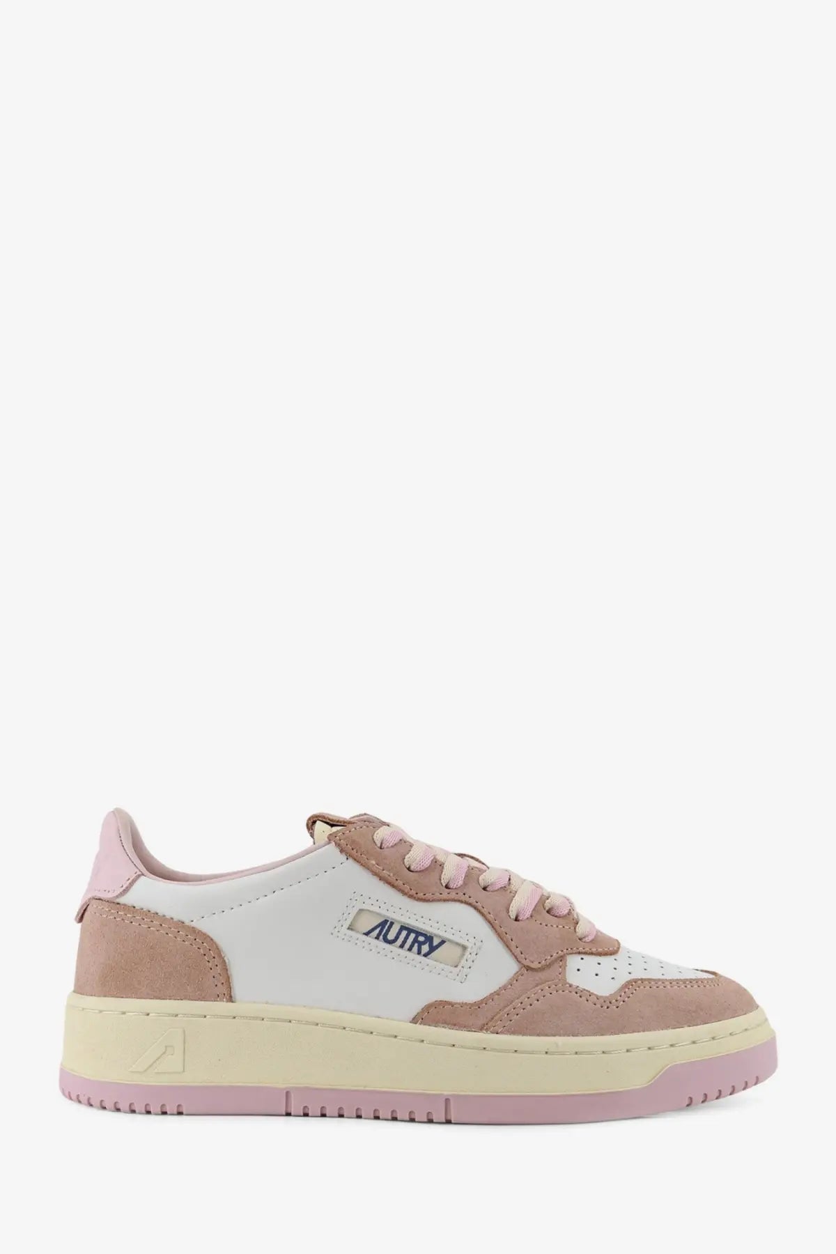Autry women’s medalist low leather and suede sneaker in pastel pink and white with cream rubber sole