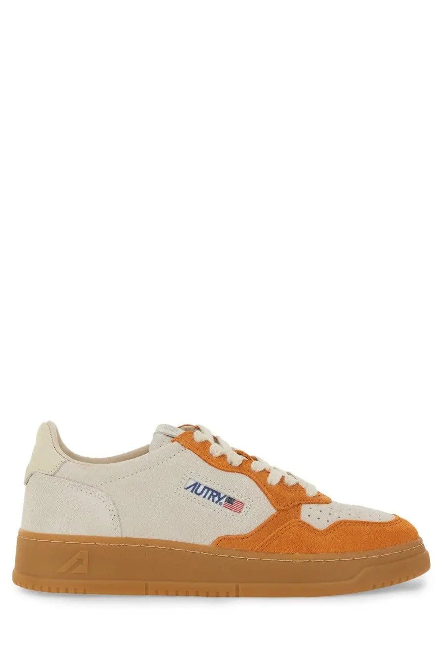 Cream and orange suede low-top autry women’s medalist sneaker with gum rubber sole and blue embroidered logo on side