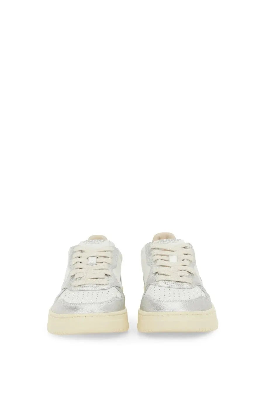 Autry women’s medalist low sneaker silver with perforated silver metallic leather and cream rubber sole