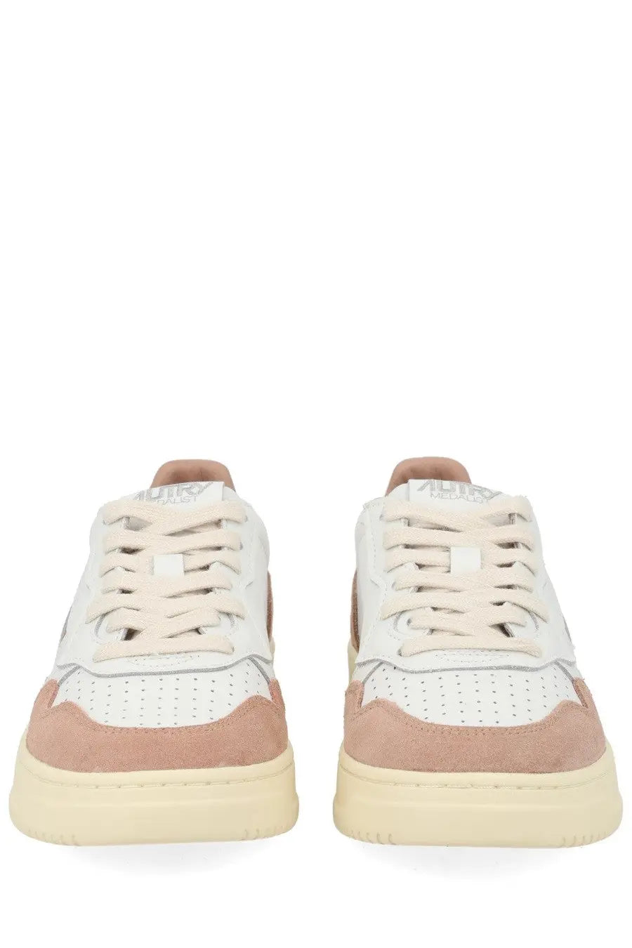 Autry women’s Medalist low sneaker in white with beige suede and leather featuring perforated detailing