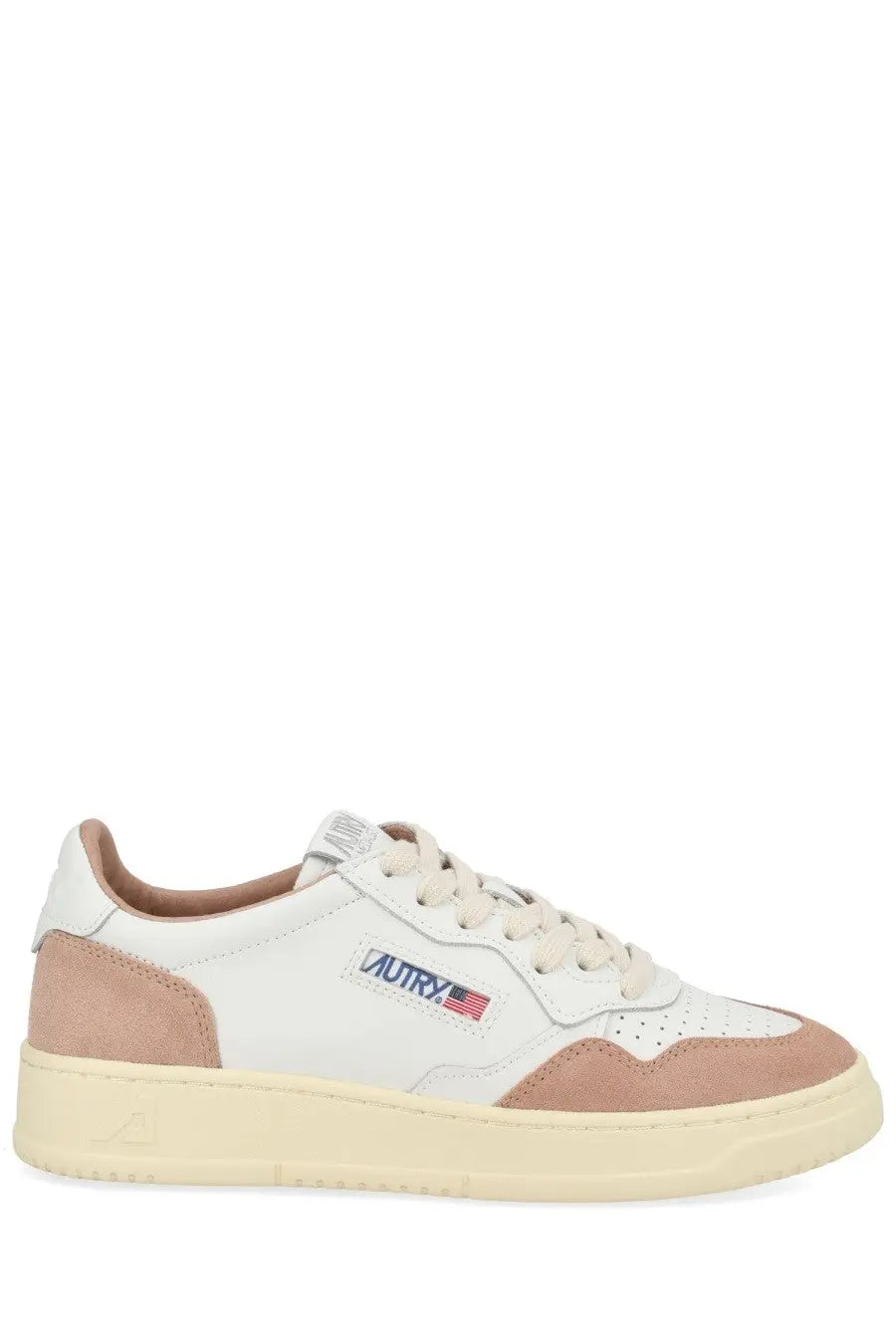 Autry women’s medalist low sneaker in white featuring beige suede leather and subtle american flag logo side detail