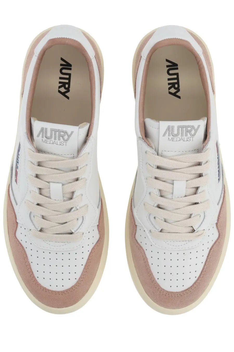 Autry women’s medalist low sneaker white suede and leather with blush pink and perforated detailing