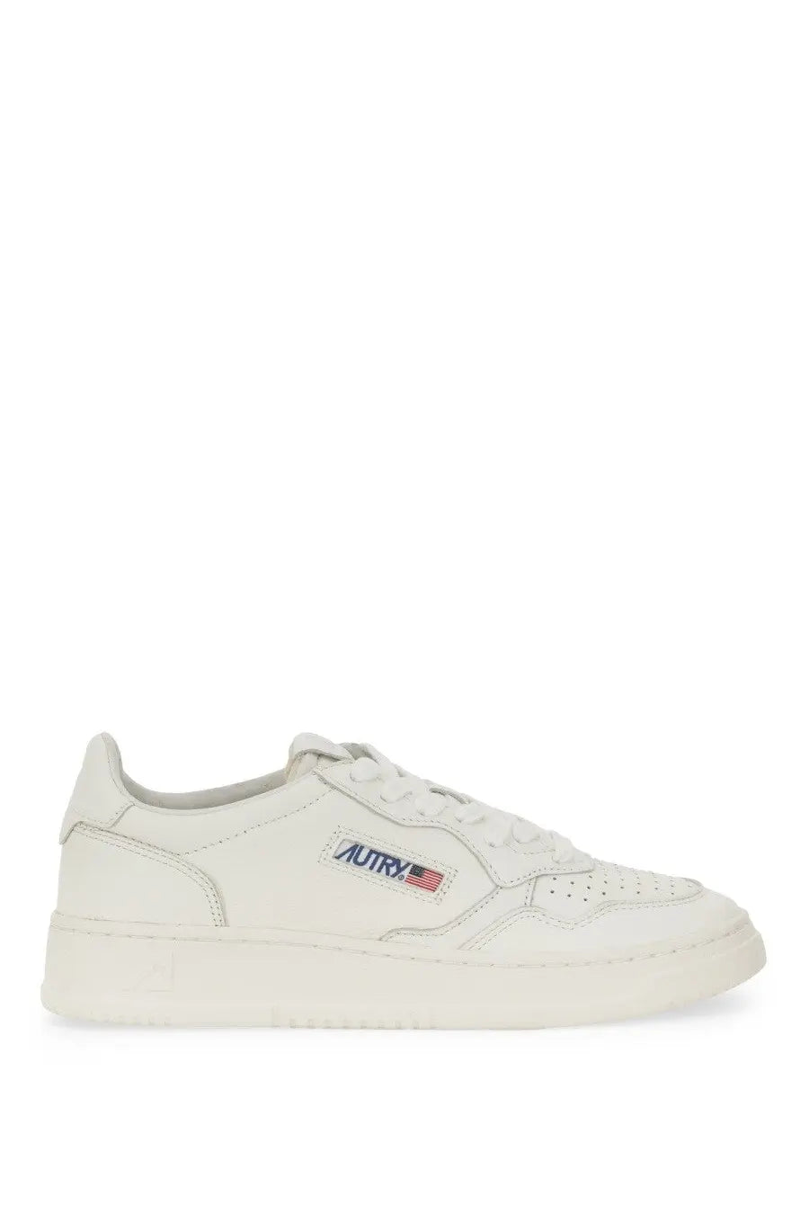 Autry women’s medalist low sneaker white leather with subtle autry logo patch and american flag emblem