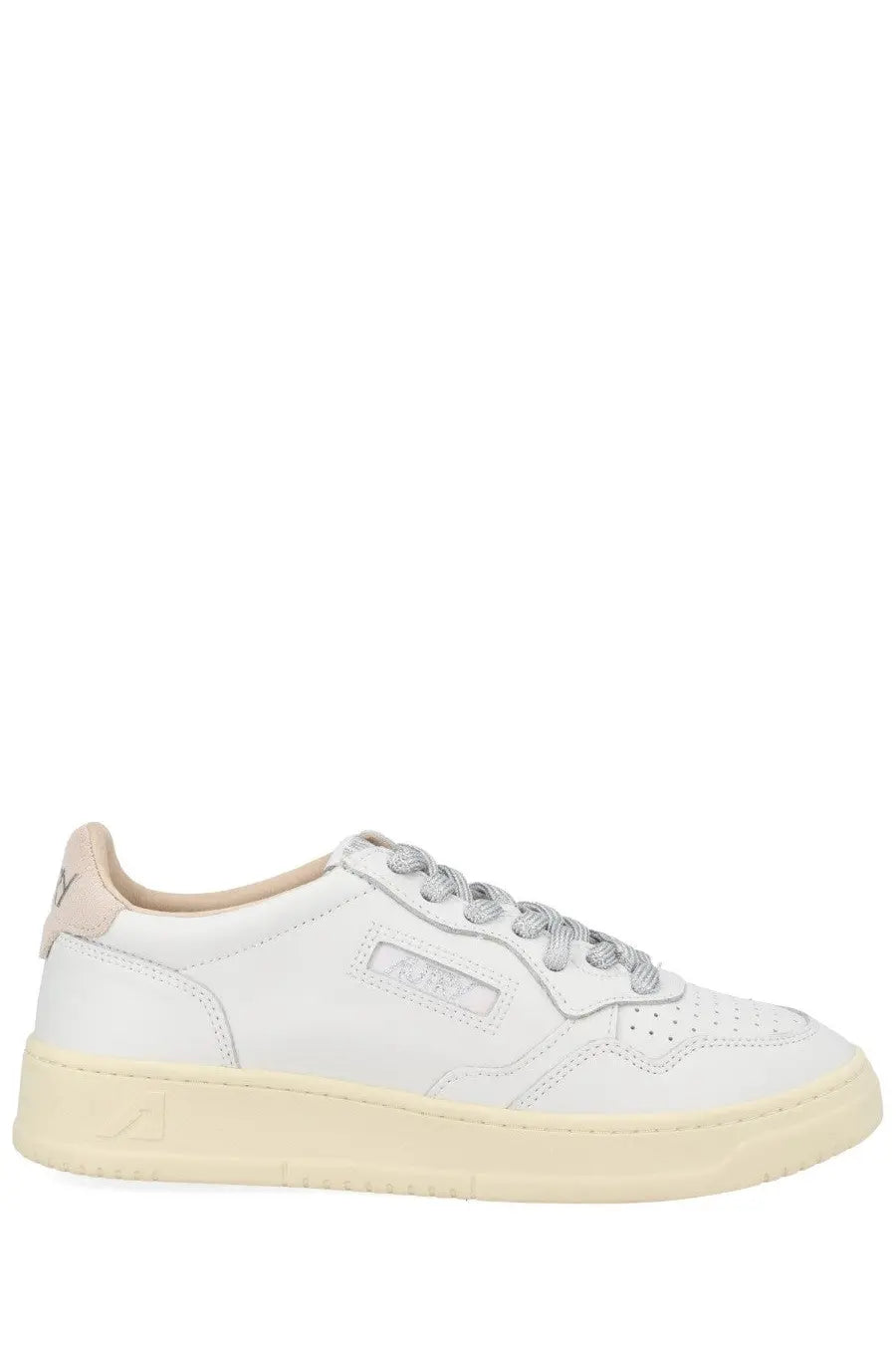 Autry women’s Medalist low sneaker white leather with cream rubber sole and silver metallic laces