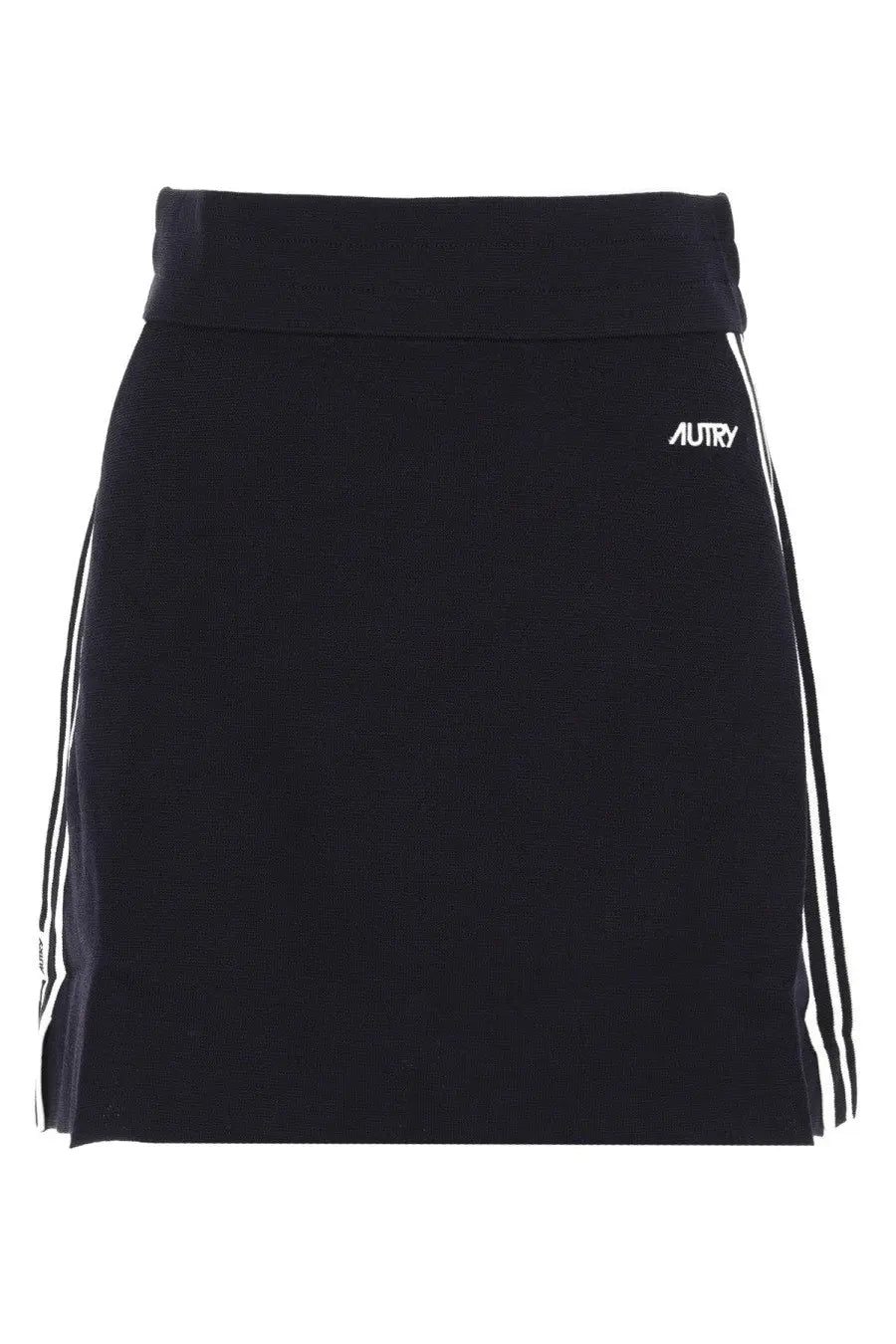 Black athletic skirt with white side stripes and autry logo on waistband from autry women’s miniskirt blue collection